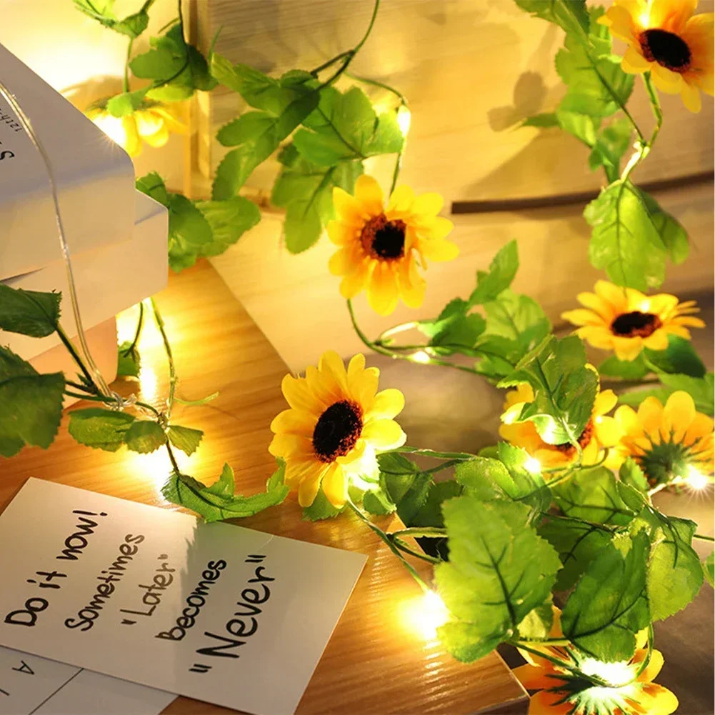 배터리 작동 해바라기 요정 조명, 홈 장식 LED 스트링 조명, 인공 꽃 크리스마스 화환 램프, 2M 20LED
