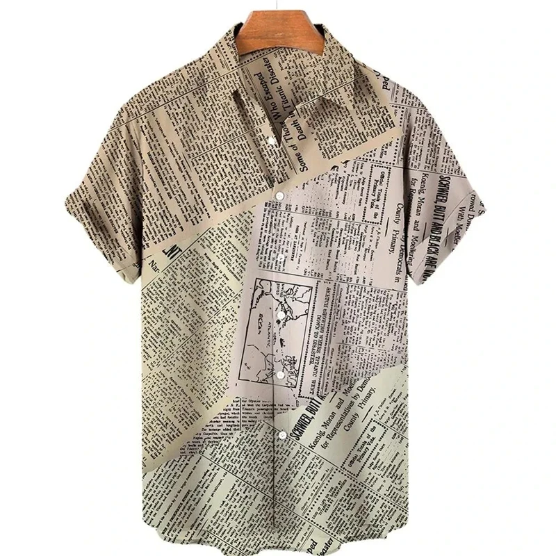 Camisa hawaiana con estampado 3D de periódico para hombre, camisas casuales de moda de uso diario, camisas de manga corta, blusas con botones, ropa unisex de gran tamaño con solapa 2024