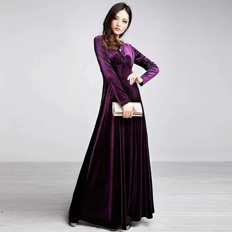 Solid V-Neck Dress 2025 New Spring Golden Velvet Dress Noble and Westernized Autumn Long Dress Velvet Mother Evening Dress Lady