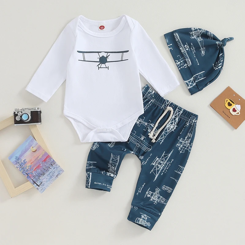 

2023-08-02 Lioraitiin 0-12M Newborn Fall Winter Outfits Baby Boy Clothes Long Sleeve Romper Pants Hat 3PCS Infant Boy Clothing