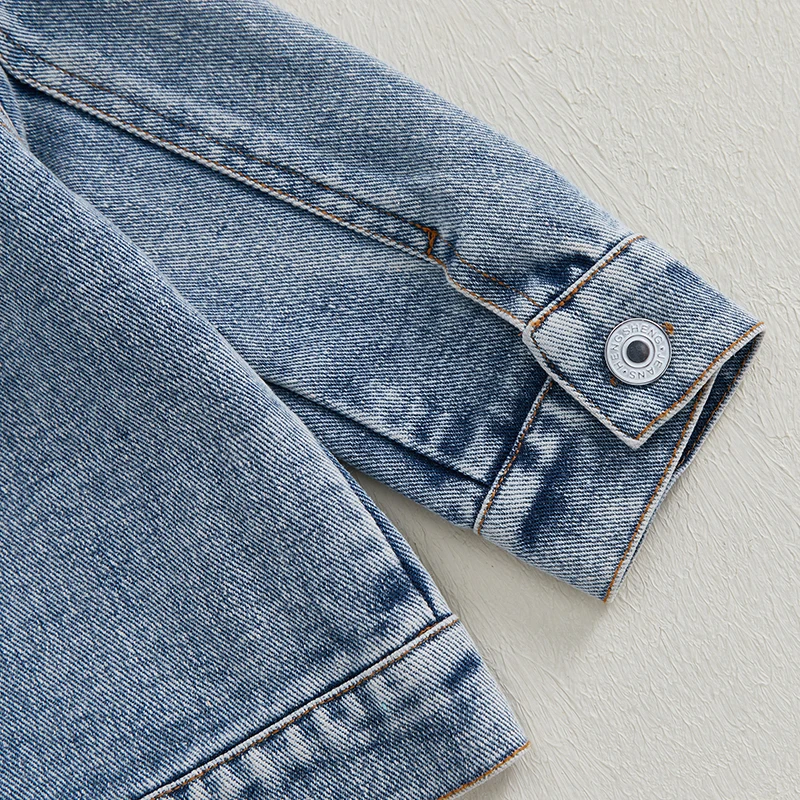 VISgogo 0-3 Years Toddler Boy Girl Denim Jacket Back Letter Embroidered Lapel Neck Long Sleeve Front Button-up Fall Tops