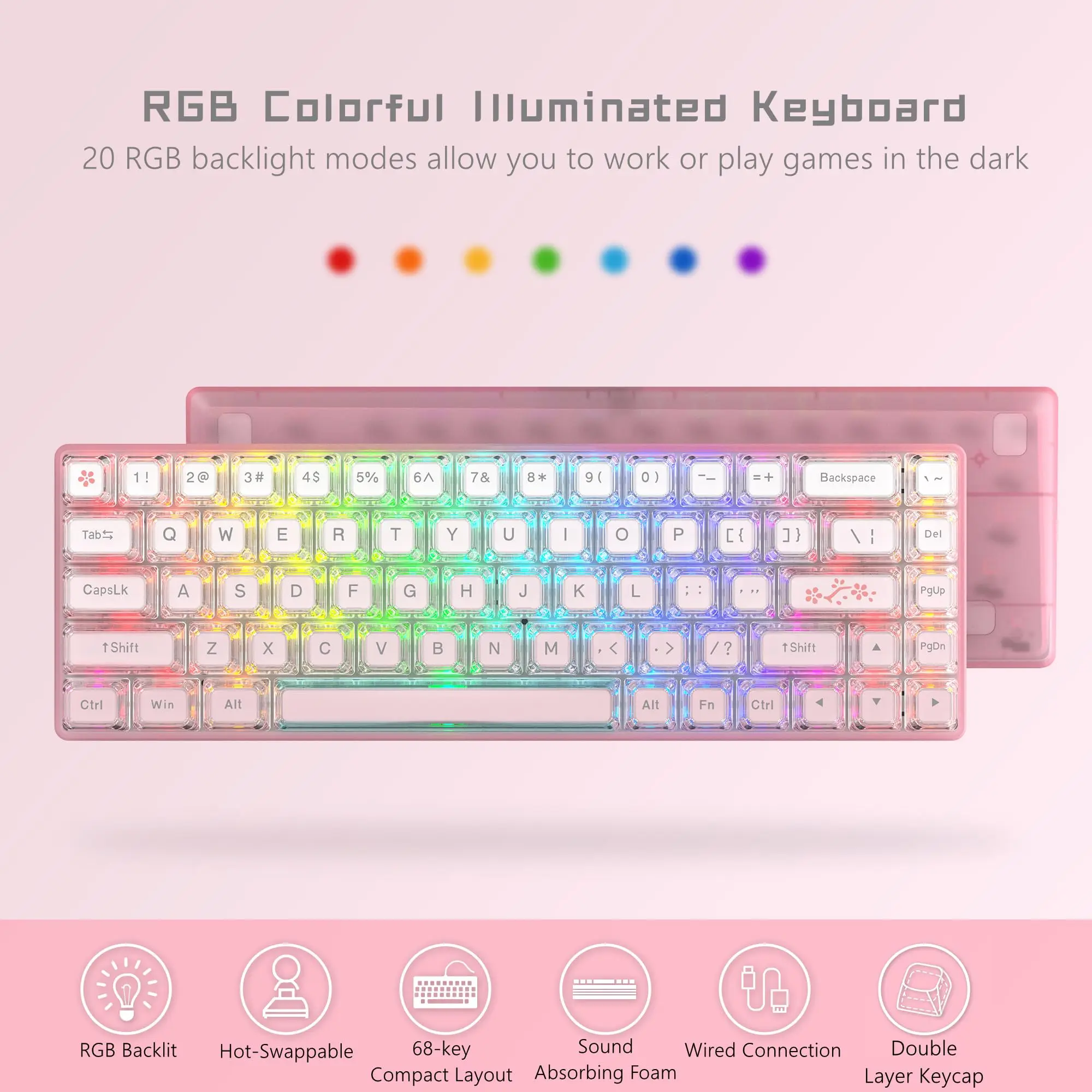 Teclado Rosa Rgb Fio Gaming Teclado Mecânico Pudim Pbt Keycap Interruptor Vermelho 60 Wk68-hot-swappable - Imagem 4