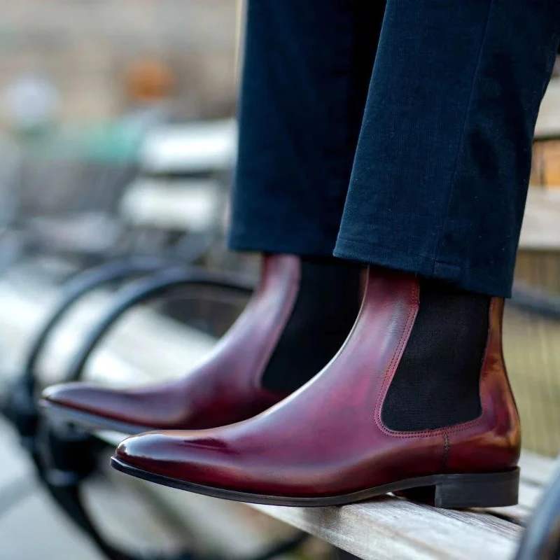 New Red Chelsea Boots for Men Business Square Toe Slip-On Men Short Boots Botas De Hombre