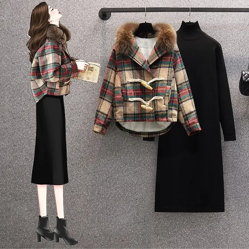

Autumn Winter Warm Suit Women's 2023 New Vintage Slim Short Style Thickened Plaid Fabric Coat High Neck Dress Two Piece Set