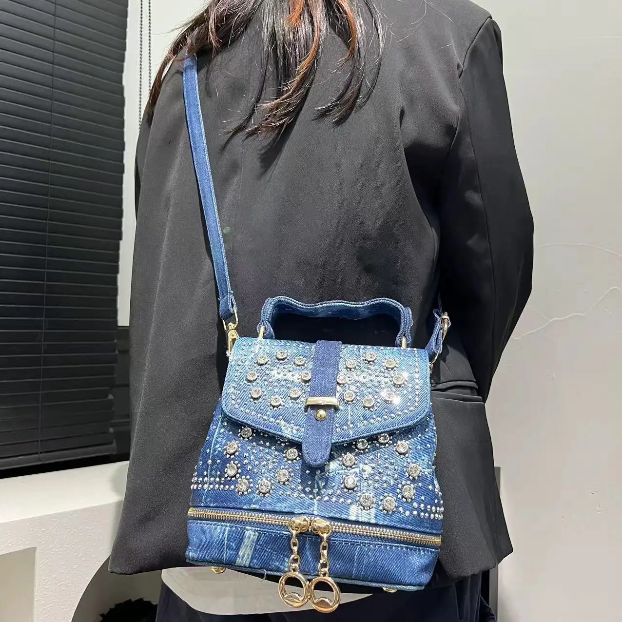 Women's Fashion Diamond Elegant Backpack Multifunctional Diamond Denim Shoulder Bag 5