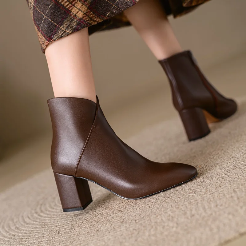 

autumn winter pointed toe woman ankle boots fashion zipper ladies elegant thick high heel short boots black brown women's boats