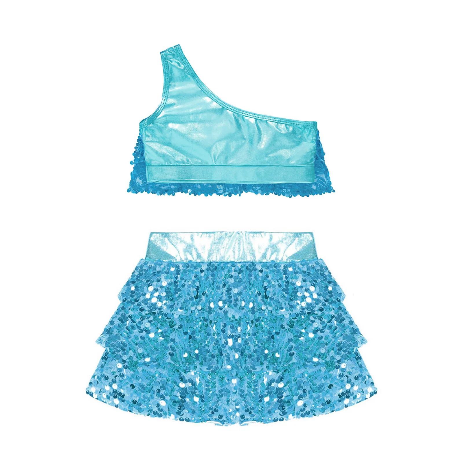 Kinder Mädchen Ärmel Shiny Pailletten Tiered Crop Top mit Rock Outfits Set Moderne Latin Jazz Dance Bühnen Kostüm – Detail 40
