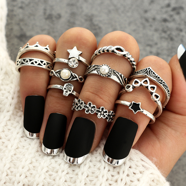 9pcs/set Boho Midi Finger Rings Set for Women Punk Elephant Flower Hollow Out Sliver Knuckle Rings Jewelry Gift 4618