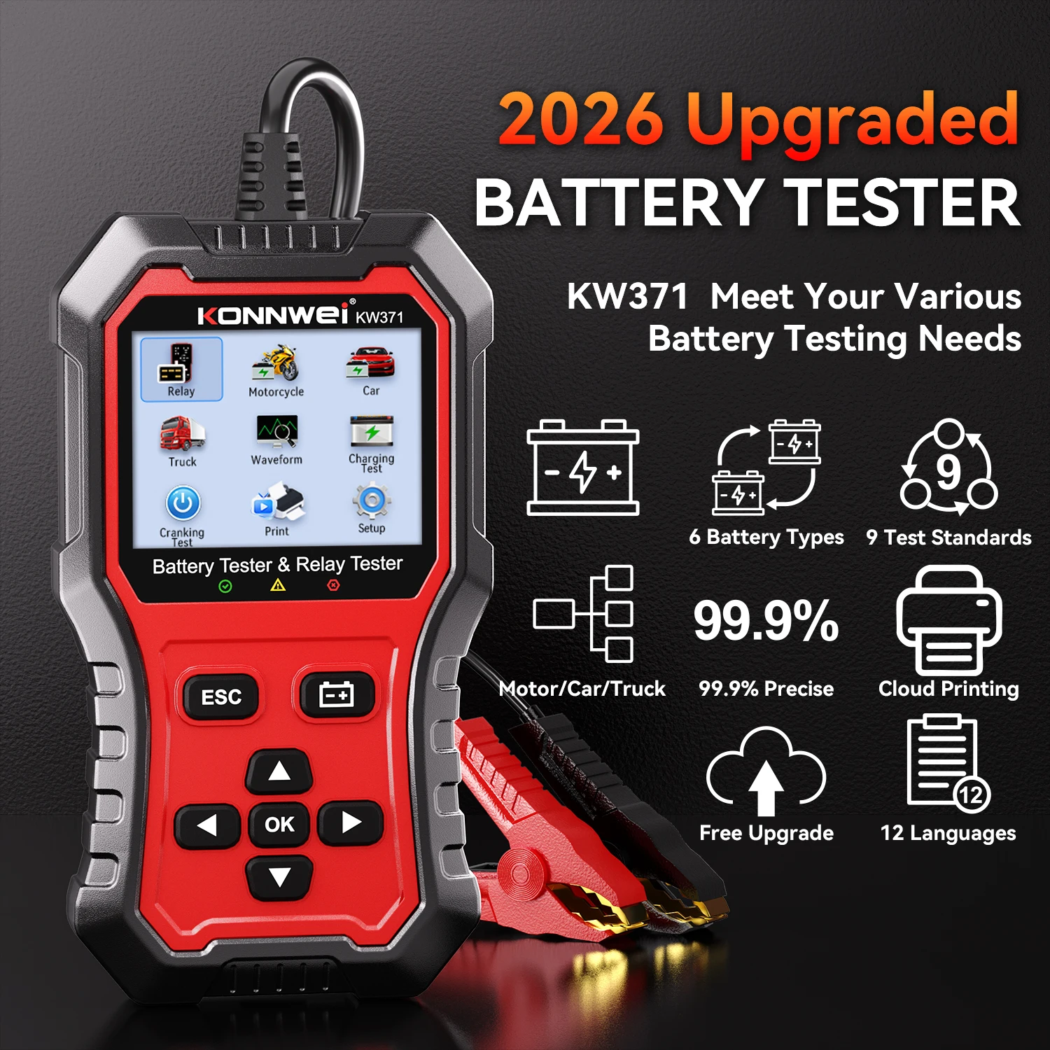 KONNWEI Car Battery Relay Tester KW371, 2 in 1 6V 12V 24V Battery Tester with 4 Pin 5 Pin Relay Testing Fault Data Print Start Test and Charging Scan Tool 2026 - Image 3