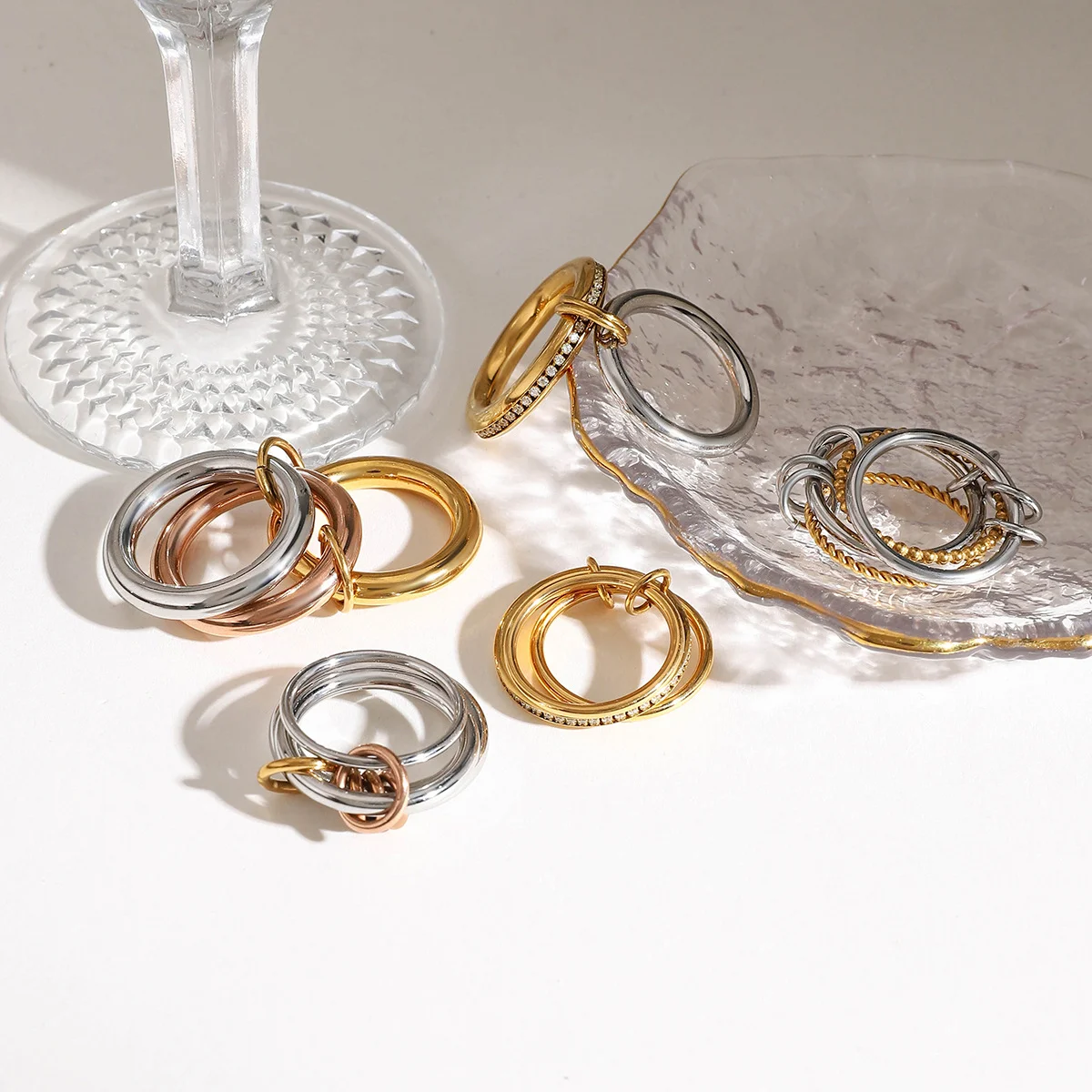 Punk Gold&silver Mix Color Stackable Rings Non Tarnish 18k Gold Plated Multi -link Connected CZ Zircon Ring Set Dainty Jewelry