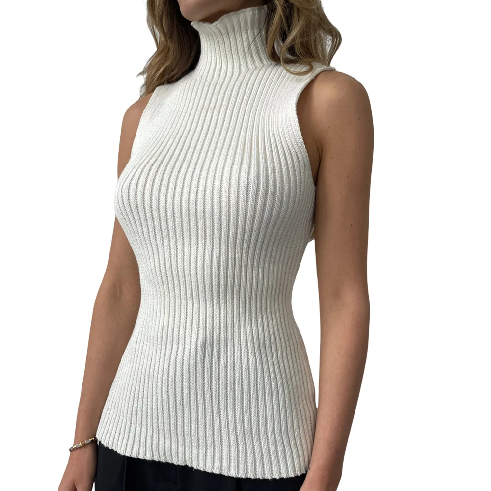 

Свитер Douhoow, жилет, Женский облегающий вязаный джемпер без рукавов, модный однотонный пуловер с высоким воротником, топы, элегантная уличная одежда, 2023