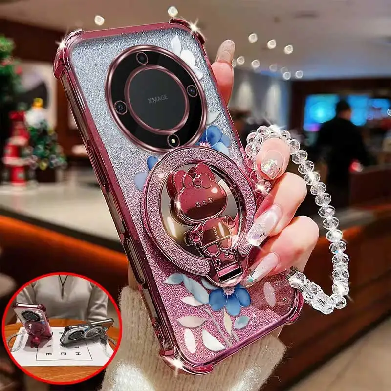Stylish Floral Phone Accessory Set: Case, Lanyard & Circular Stand