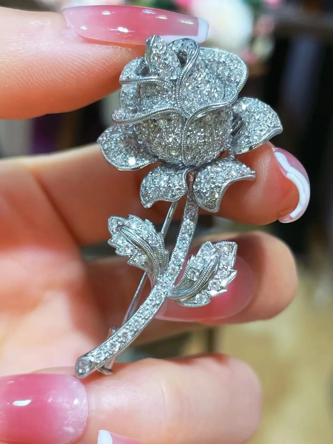 Sb42bbf1a2f9442168891a06e1b81803fC gemstone luxury jewelry natural diamond rose flower brooch 18K white gold fine women jewelry free shipping