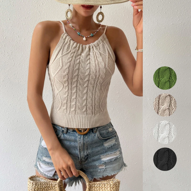 

2023 Summer New Slim Vest Sexy Backless Lace Up Halter Solid Color Top for Women