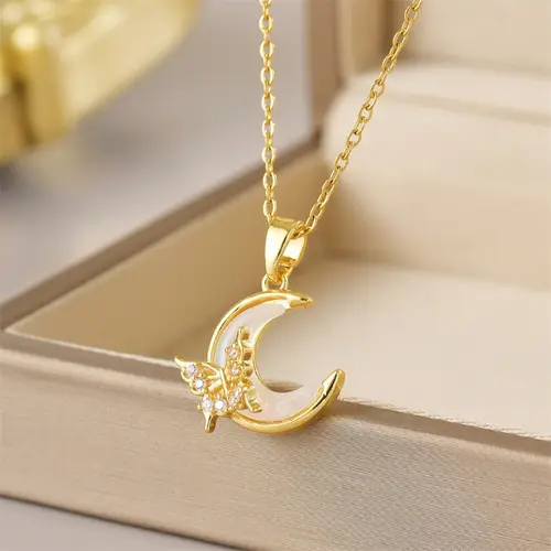 Exquisite Micro Inlaid Zircon Butterfly Tassel Necklace For Women Stainless Steel Moon Butterfly Flower Clavicle Choker Jewelry - Image 4