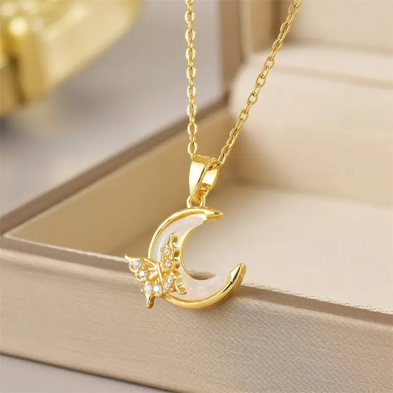 Exquisite Micro Inlaid Zircon Butterfly Tassel Necklace For Women Stainless Steel Moon Butterfly Flower Clavicle Choker Jewelry - Image 4