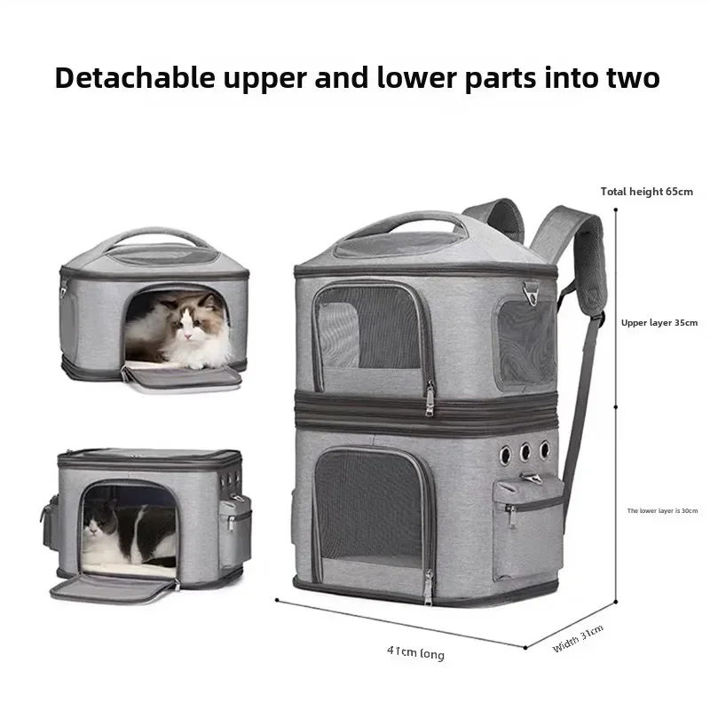 Dual-Layer Cat Carrier Large-Capacity Pet Rolling Bag Breathable Double-Shoulder Backpack with Built-In Leash and Pocket