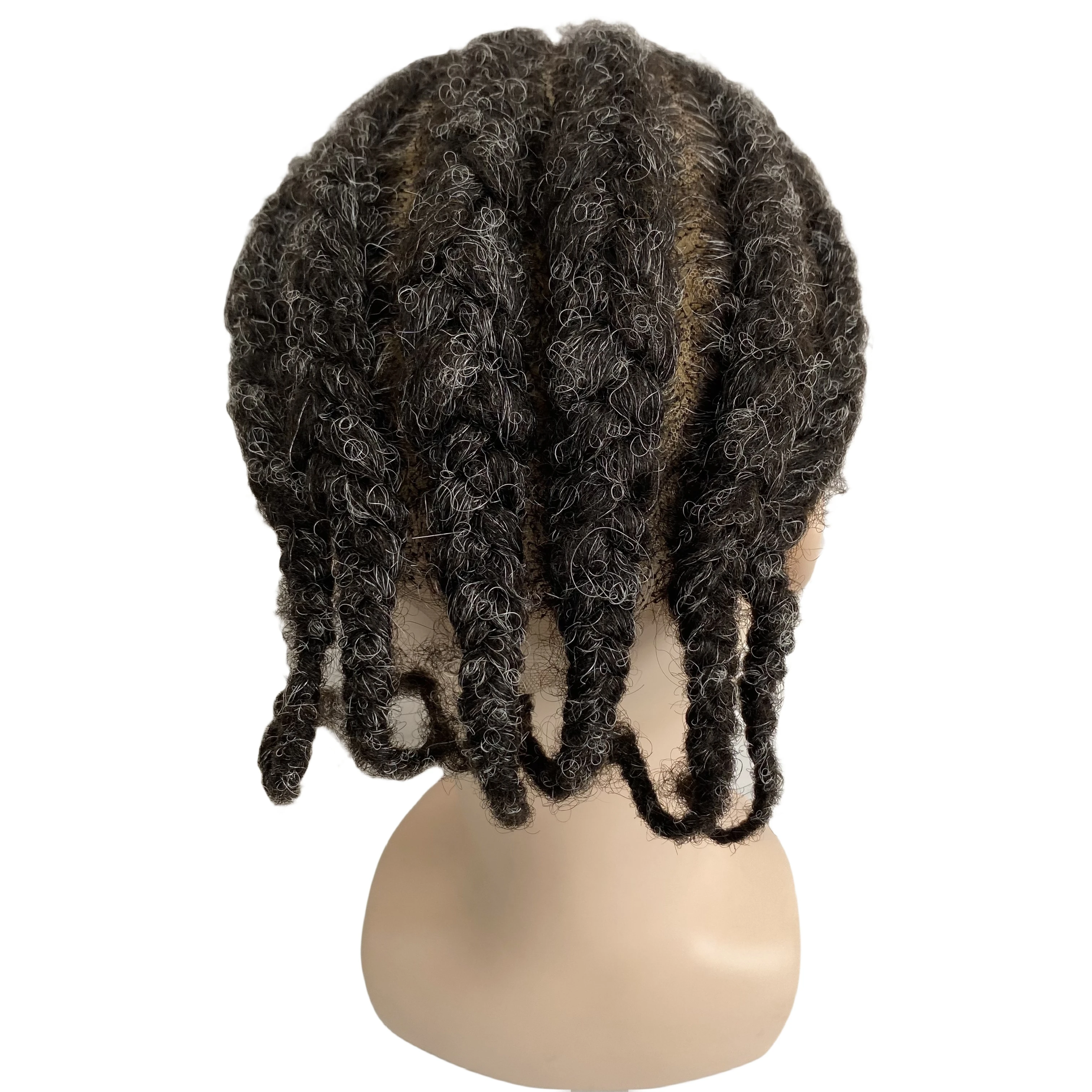 Indian Virgin Human Hair Replacement Root Afro Corn Braids #1b/grey Full Lace Toupee for old Black Man