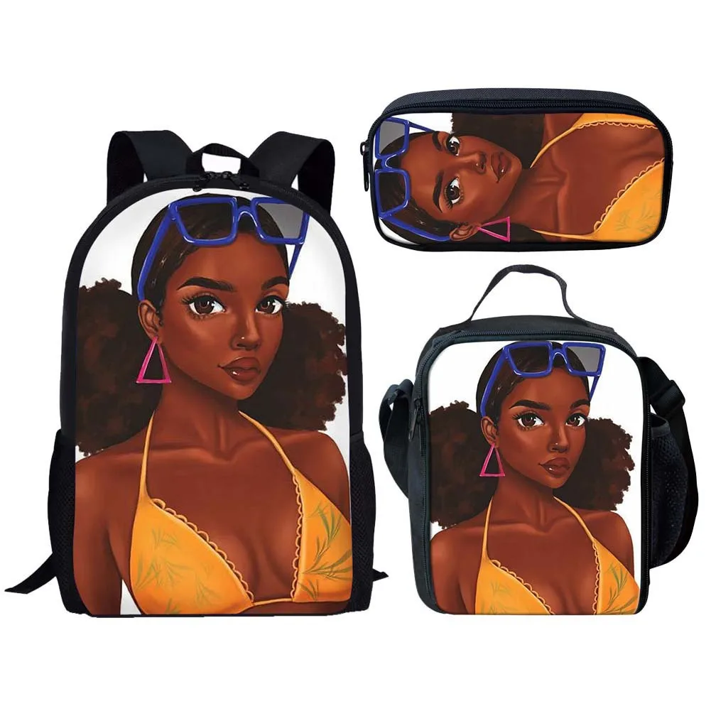 Popular Funny black African Girls 3D Printed 3pcs/Set pupil School Bags Laptop Daypack Backpack Lunch bag Pencil Case