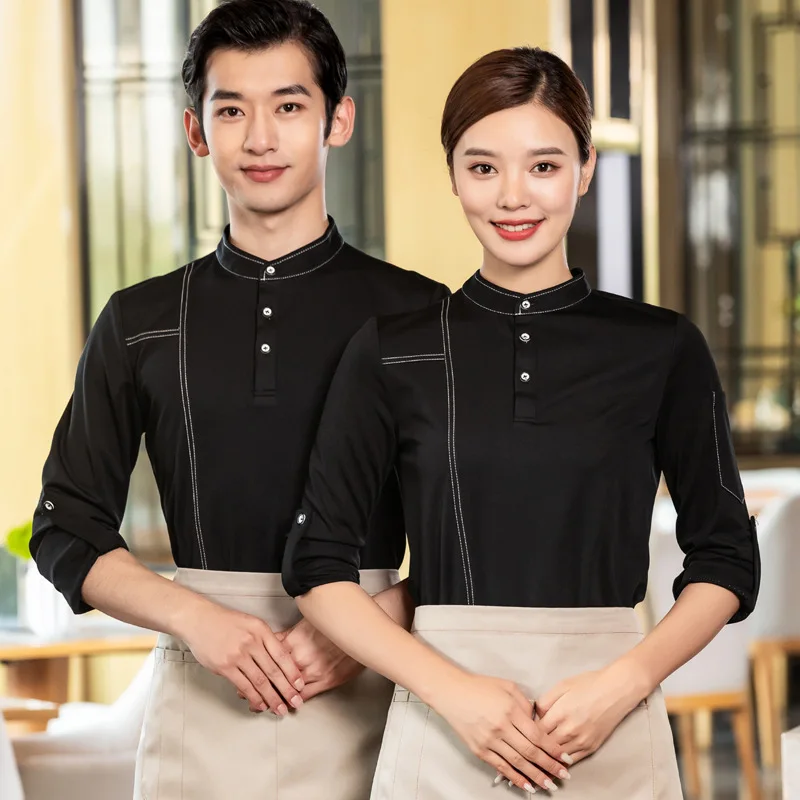 

Waiter Workwear Long-Sleeved T-shirt Printed Logo Hotel Catering Fast Food Restaurant Milk Tea Supermarket Workwear Long Sleeve