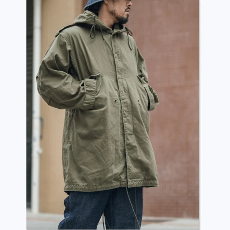 Men's Hooded Long Coat with Fish Tail Pie Overcomes, M51 Large