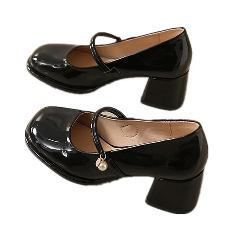2024 NEW Soft Leather Soft Soled Mary Jane High Heels Thick Heeled Square Toe Sandals French British Casual Small Leather Shoes
