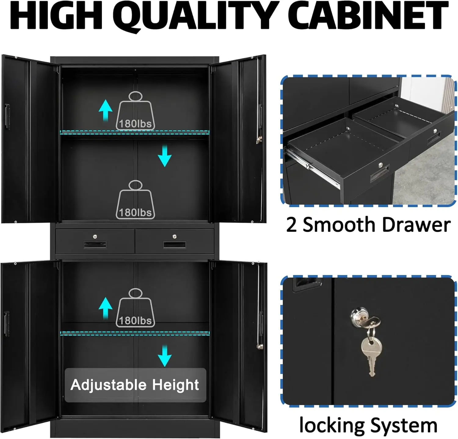 Storage Cabinet，71" Garage Storage Cabinet with 2 Locking Drawer and 4 Adjustable Shelves ，Black Tool Cabinet，Lockable Fil 4
