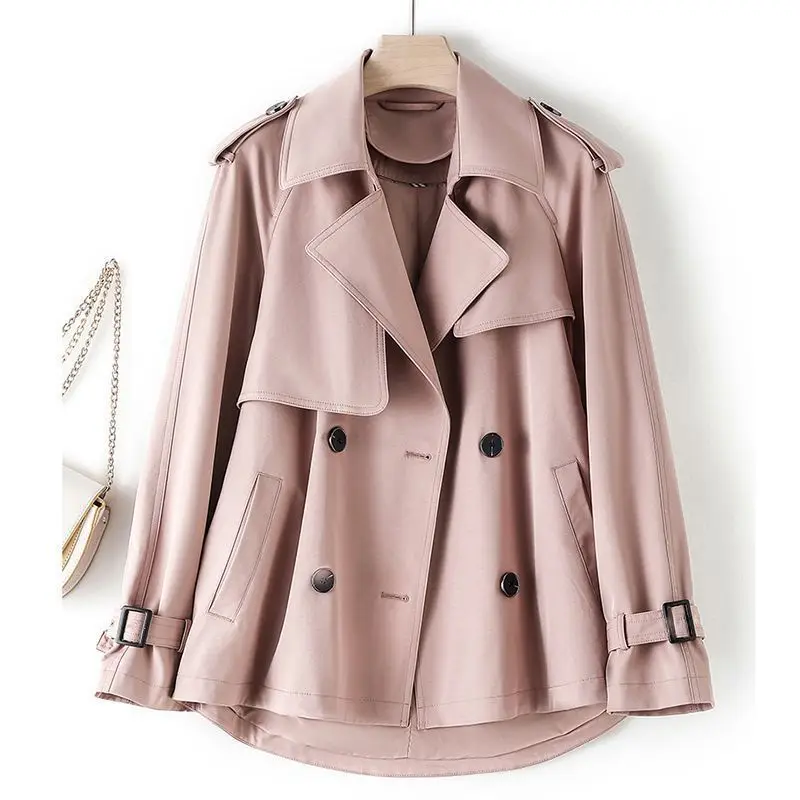 

Short Windbreaker Women 2023 Spring Autumn Fashion Khaki Pink Black Trench Coat New Loose Coats Female Double-Breasted Outerwear
