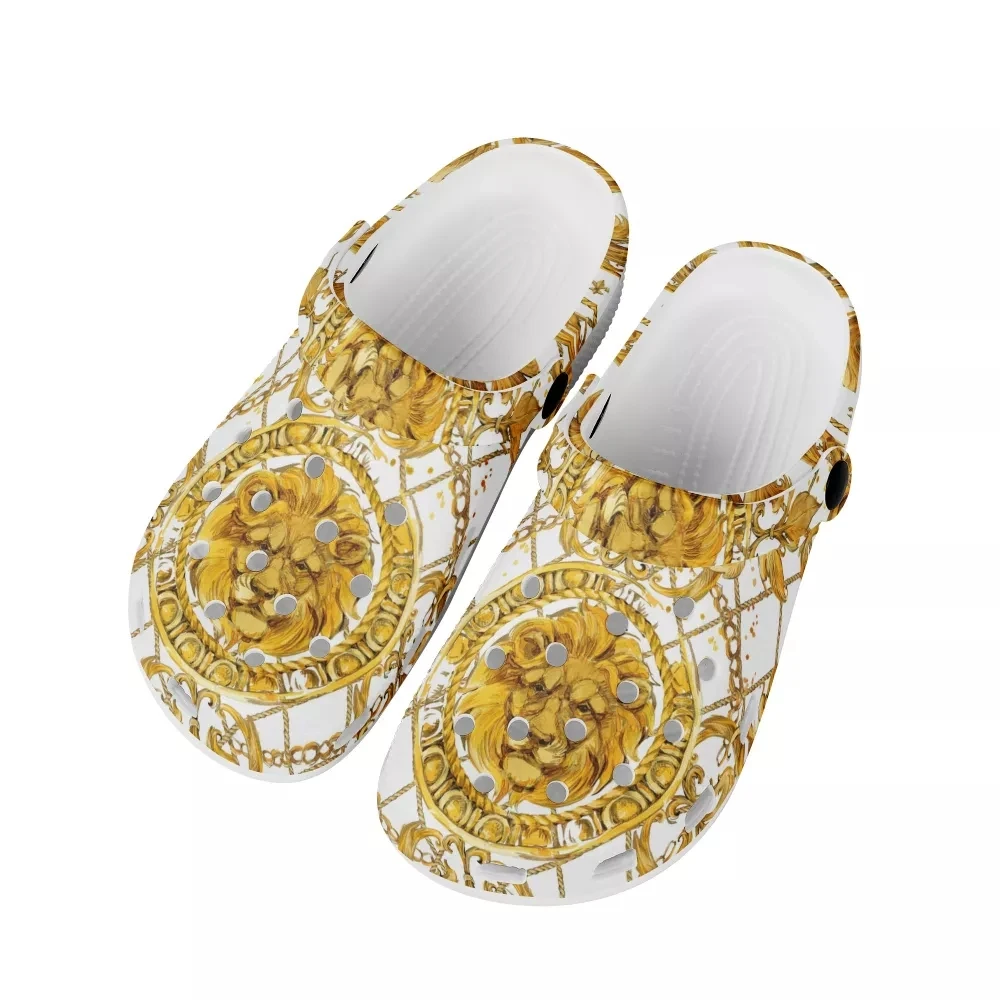 Golden Floral Prints Women Sandals Hole Shoes Couple Home Slippers Summer Hollow Buckle Lady Beach Flat Zapatos