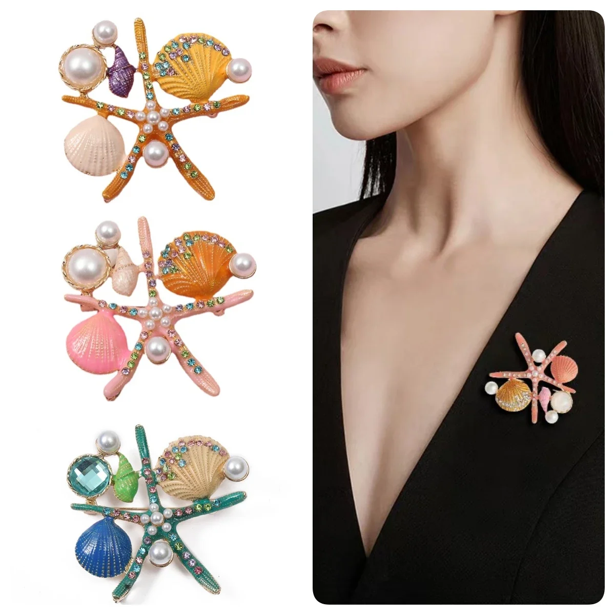 

Cute Ocean Starfish Brooch Pink Shell Fashion Emblem Metal Zircon Colorful Conch Pearl Pin Flip Neck Dress Decoration Party Gift