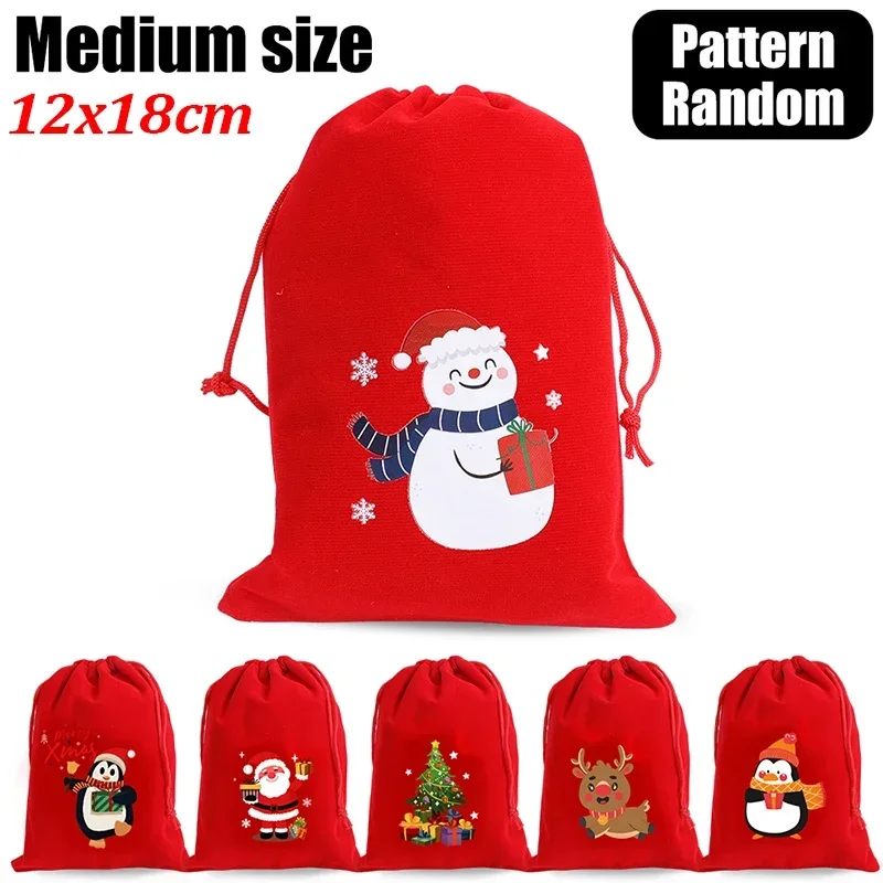 thumbnail image 1 of 20/1 piezas de bolsas de terciopelo rojo para Navidad, bolsa con cordón para envolver dulces de Papá Noel, bolsa de almacenamiento para decoración de fiestas de Año Nuevo, 1 of 5