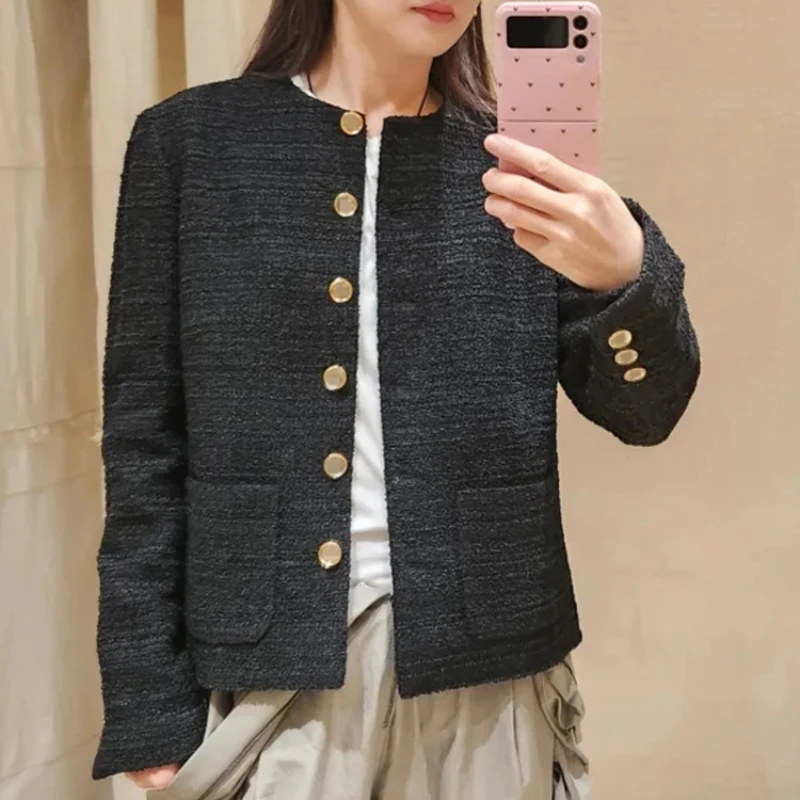 

High-end French Style Women Black Jacket 2024 Spring Elegant Beading Tweed Jacket Female Fashion Woman Designer Coat Outwear