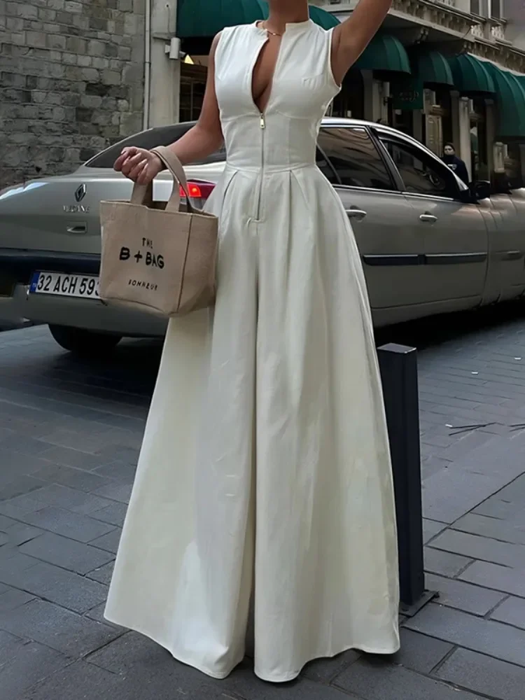GETADME UOOZEE 2024 New Female Fashion High Waisted Wide Leg Jumpsuits Spring Long Sleeves Loose Buttoned V-Neck Office Jump Suits main image 1