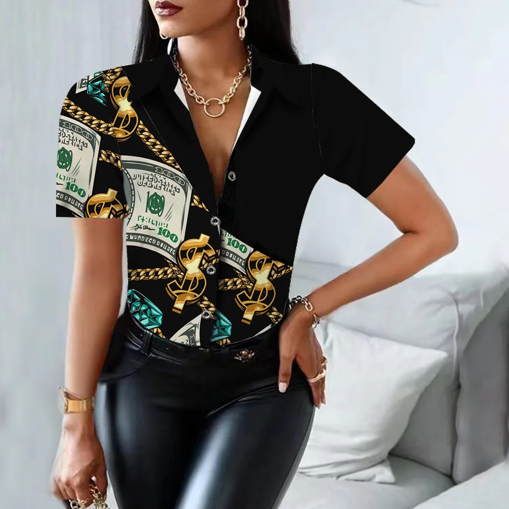 

Women Blouses 2022 Short Sleeve Casual Office Print Shirts Fashion Button White Shirt Ladies Elegant Patchwork Slim Tops