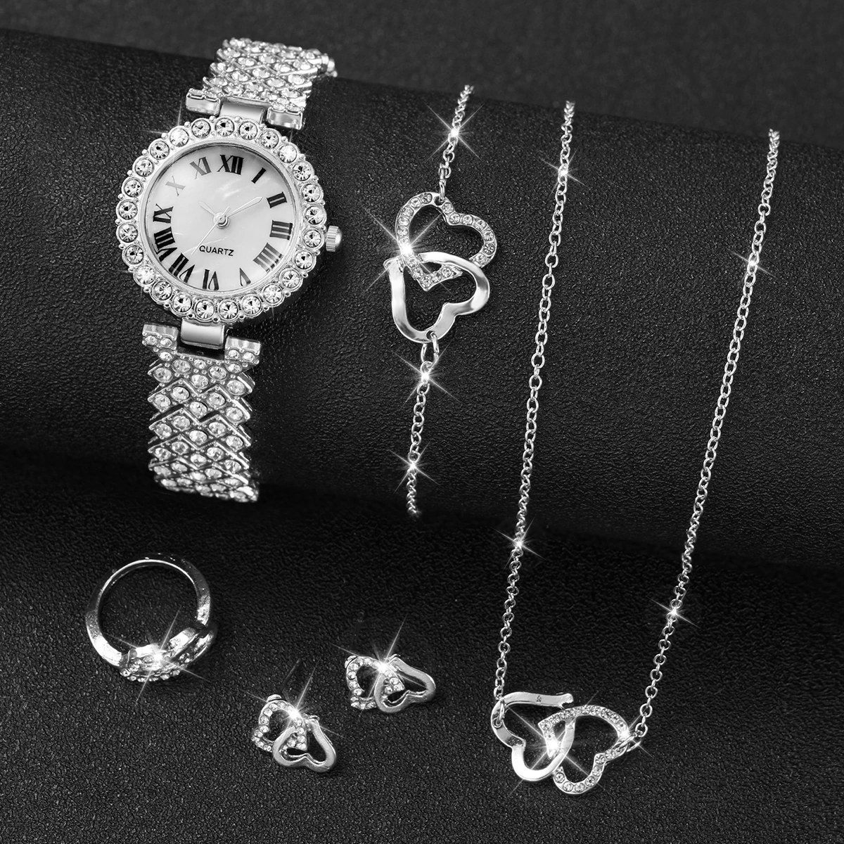 6PCS/Set Fashion Roma Dial Women's Watch Full Diamond Steel Band Quartz Watches Rhinestone Heart Jewelry(Without Box) 4