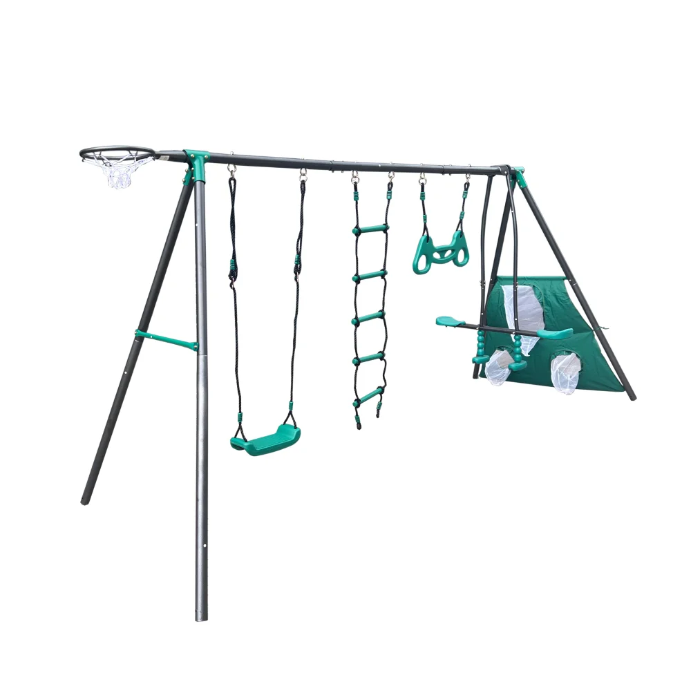 Blackish green interesting four function swingset with face to face metal plastic safe swing seat 550lbs for outdoor for age 3+ 5