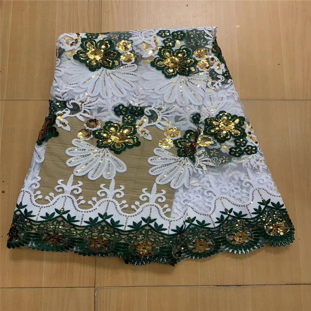 

green High Quality Fashion French Tulle Lace Fabric African Nigerian Sequins Lace Fabric For Wedding Dress