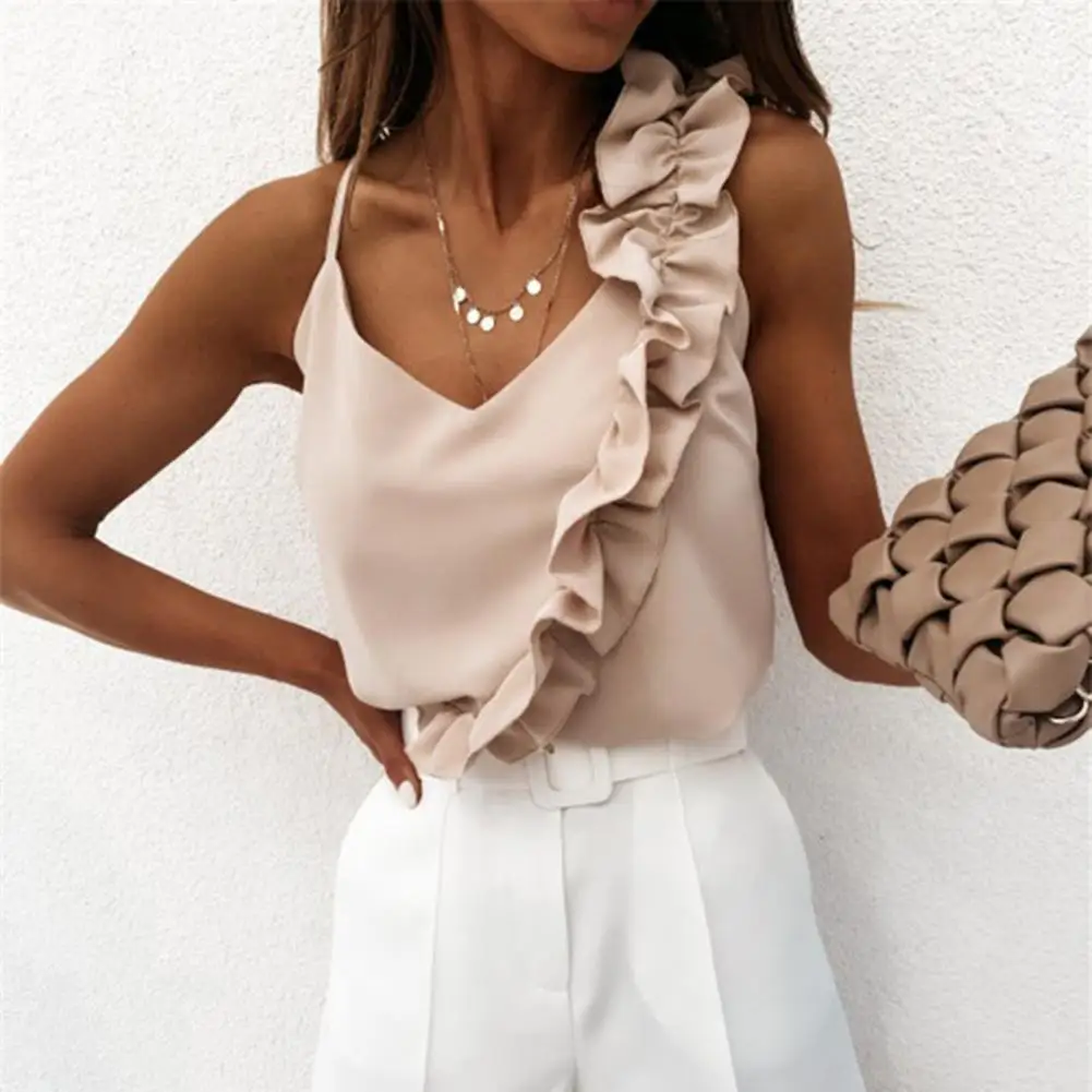 

Sexy V-neck Sleeveless Sling Tops Ruffle Trim Decor Backless Solid Color Loose Fit Spaghetti Straps Blouse Streetwear