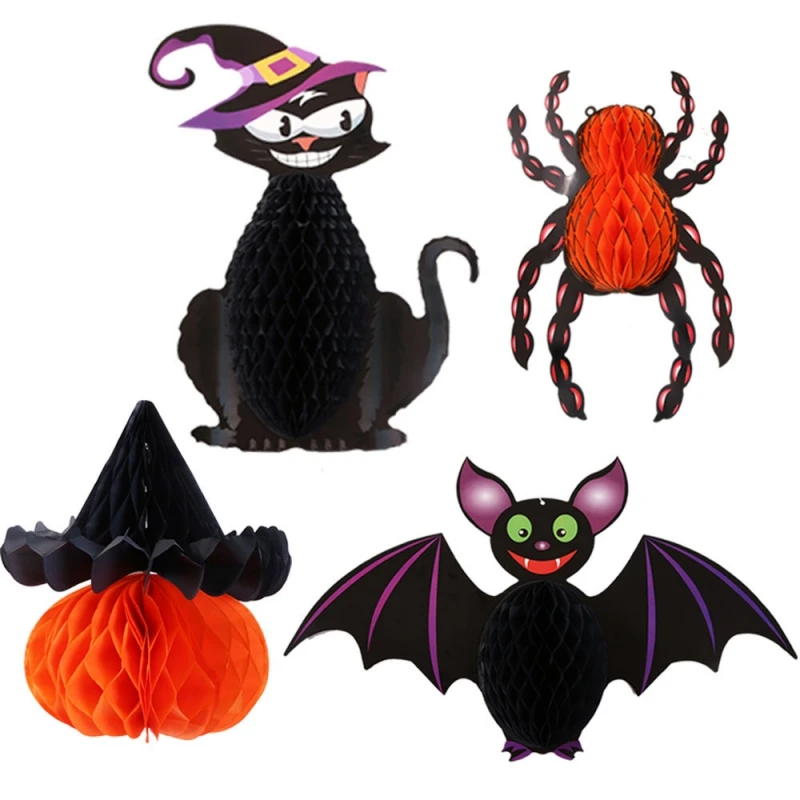 

1PC Halloween Honeycomb Pendant Balls Pumpkin Spider Bat Hanging Honeycomb Tissue Paper Ball Ornaments Holiday DIY Decorations