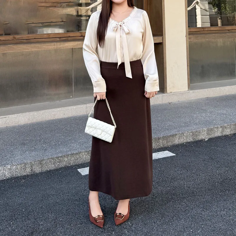 Fashion Plus Size Women's Skirts Premium Elegant And high-end Coffee A-line Wool Knitted Skirt Autumn New Commuting 9414