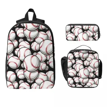 3Pcs Sport Baseball Balls Backpack Set for Kids Pen Bags Bookbag Sets with Lunch Box For School Students Knapsack 1