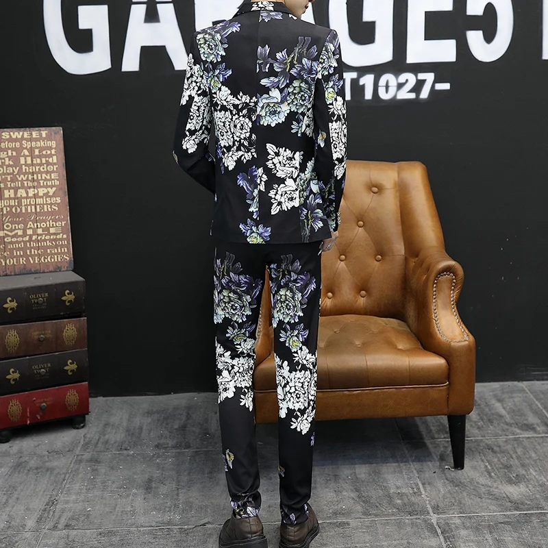 Spring Men's Slim Fit Korean Style Fashion Suit Casual Business Print Two-Piece Set Trendy Suit plus Trousers Ensemble