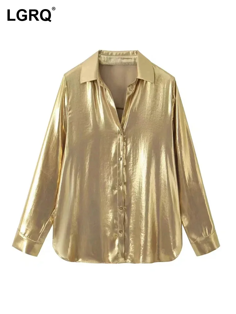 

LGRQ 2023 Fashion Elegant High Quality Metal Gold Loose Shirts Long Skirt Women's Trendy Casual Two-piece Sets Autumn 19Z2066