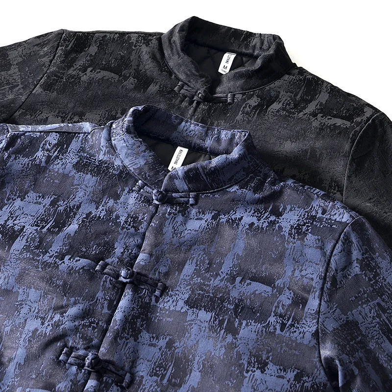 Japanese Retro Men's Button Up Casual Warm Cotton Wadded Jacket And Coat Loose Full Print Chinese Stand Collar Padded Coat