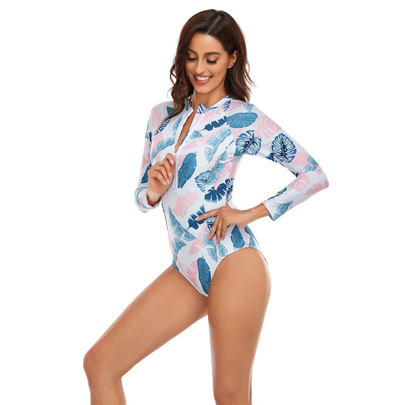 One Piece Swimsuit Women Surfing Swimwear Long Sleeve Rashguard UV Protection Zip Front Wetsuit Swimming Costume Beachwear