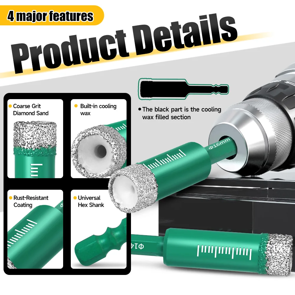 Diamond Drill Bit 6-16mm Hex Shank Built in Cooling Wax Porcelain Tile Glass Granite Marble Ceramic Hole Saw Cutter Drill Bit