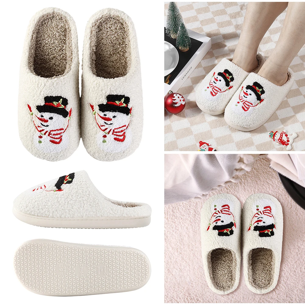 Cute Christmas Printed Plush Slippers Non-Slip Closed Toe Bedroom Cozy Slipper Soft Fluffy Thickened Slippers Winter Home Shoes