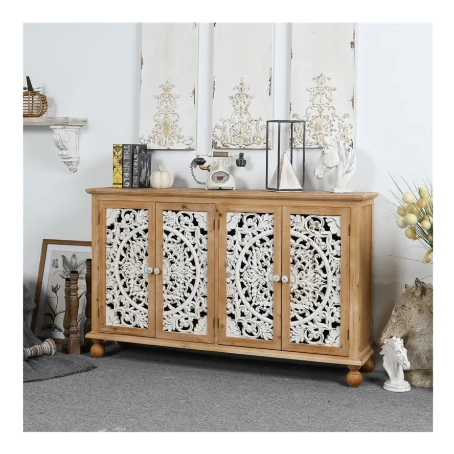

Living Room Cabinet 4 Doors Pastoral Vintage Farmhouse Solid Wood Storage Home Decor Painted Sideboards Buffet Side Cabinets
