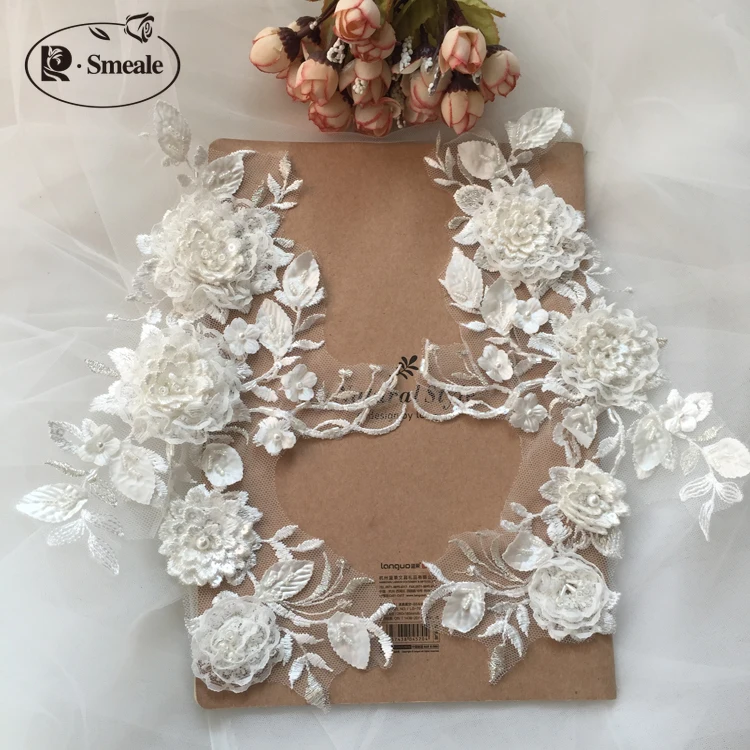 Handgefertigte Perlen-Spitzen-Accessoires für Hochzeitstanzkleidung, 3D-Blumen, -Weiß-Silber, DIY, RS2673