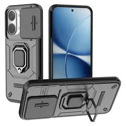 Ring Holder Armor Rugged Case with Lens Sliding Cover Design - Durable Hard Shell Protecting Your Smartphone for Poco X8 Pro Max (Black)